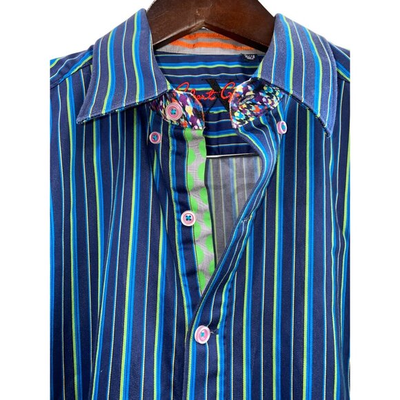 Robert Graham Mens XL Blue Striped Cotton Long Sleeve Button-Up Shirt - Picture 7 of 8